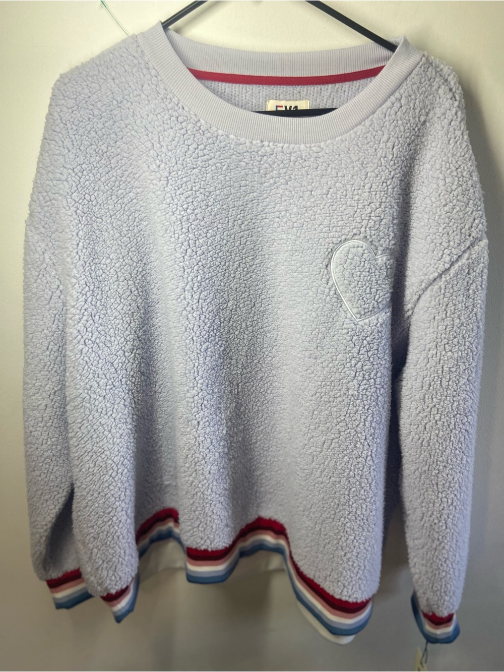 Light Lavender Sherpa Crewneck Sweater with Heart Detail